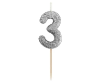 B&C pick candle digit 3, silver bio glitter, total lenght 11,5 cm