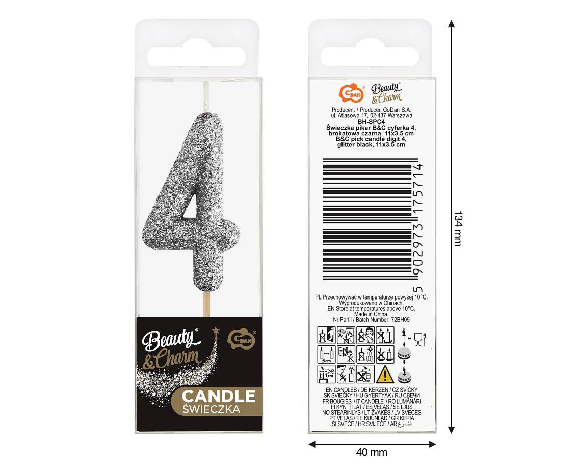B&C pick candle digit 4, silver bio glitter, total lenght 11,5 cm