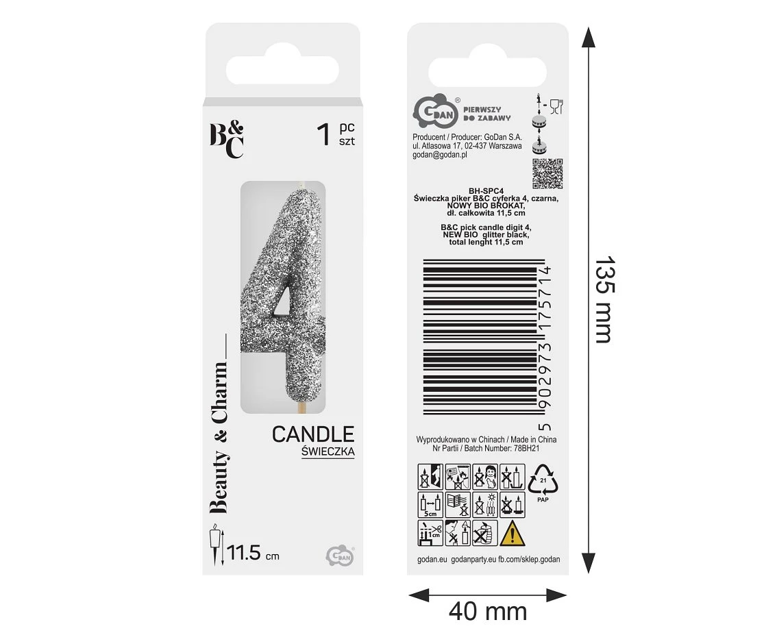 B&C pick candle digit 4, silver bio glitter, total lenght 11,5 cm