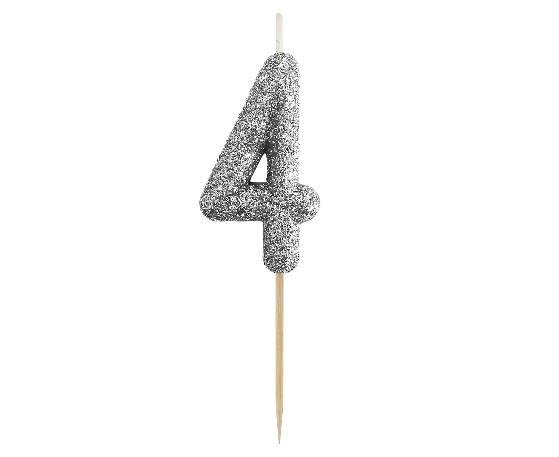 B&C pick candle digit 4, silver bio glitter, total lenght 11,5 cm