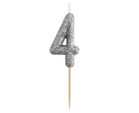 B&C pick candle digit 4, silver bio glitter, total lenght 11,5 cm