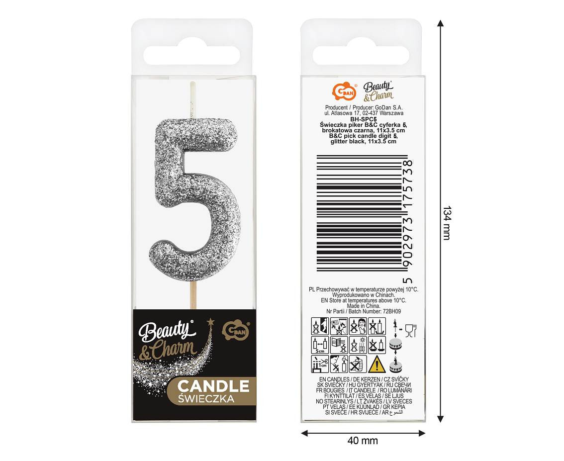 B&C pick candle digit 5, silver bio glitter, total lenght 11,5 cm