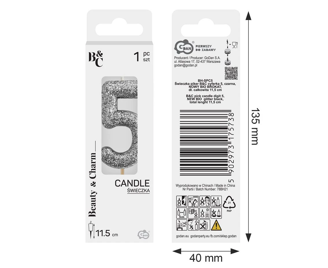B&C pick candle digit 5, silver bio glitter, total lenght 11,5 cm