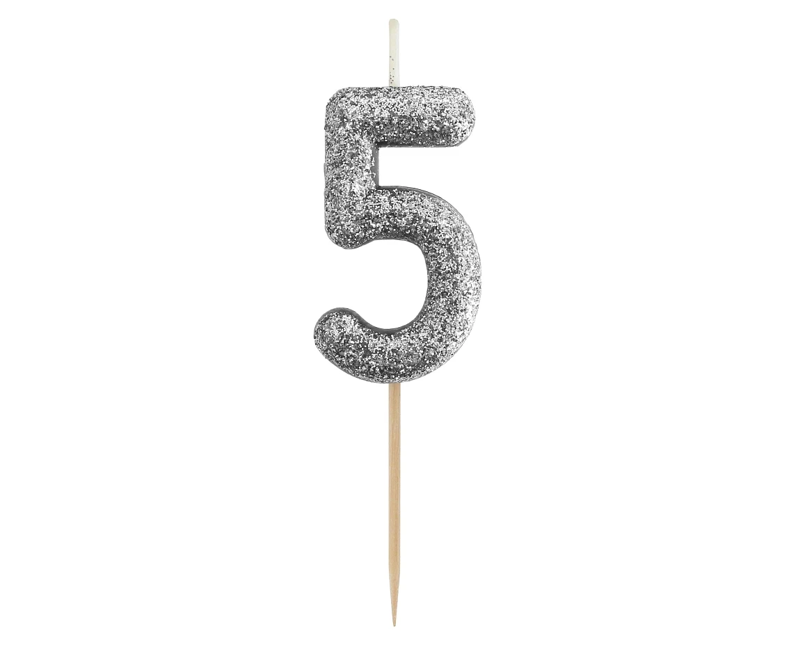 B&C pick candle digit 5, silver bio glitter, total lenght 11,5 cm