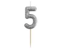 B&C pick candle digit 5, silver bio glitter, total lenght 11,5 cm