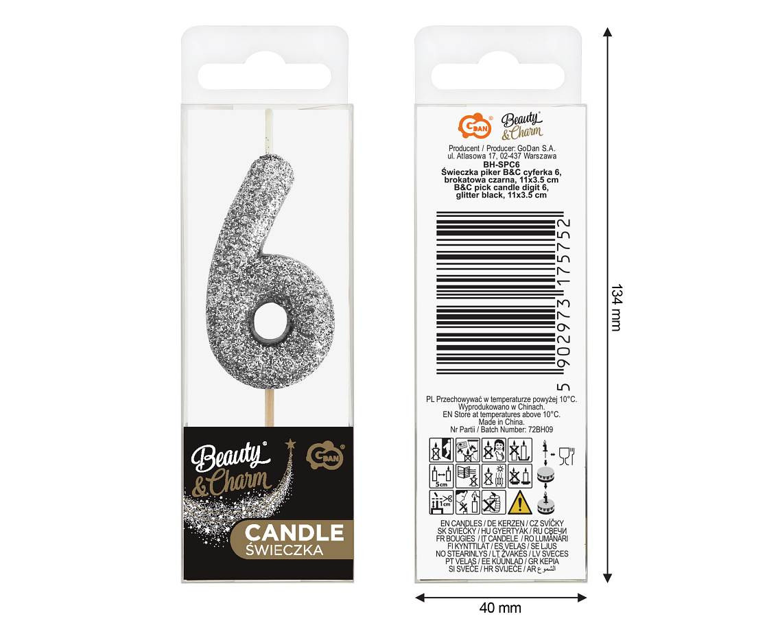 B&C pick candle digit 6, silver bio glitter, total lenght 11,5 cm