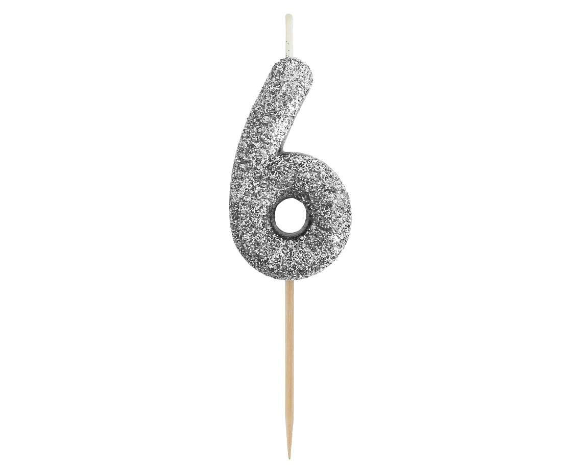 B&C pick candle digit 6, silver bio glitter, total lenght 11,5 cm