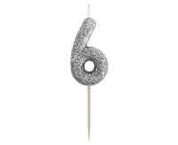 B&C pick candle digit 6, silver bio glitter, total lenght 11,5 cm