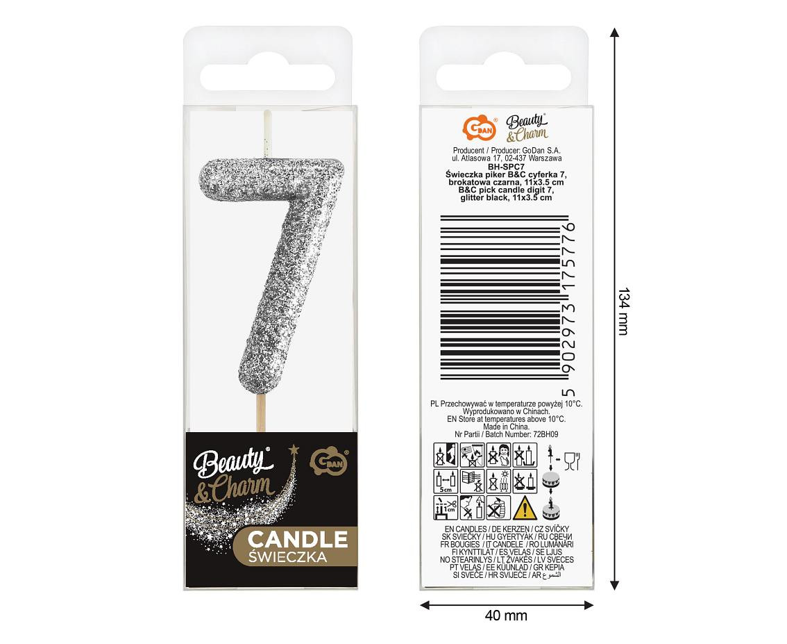 B&C pick candle digit 7, silver bio glitter, total lenght 11,5 cm