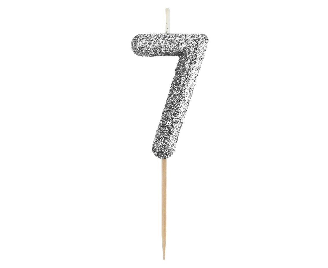 B&C pick candle digit 7, silver bio glitter, total lenght 11,5 cm