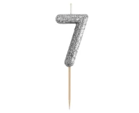 B&C pick candle digit 7, silver bio glitter, total lenght 11,5 cm