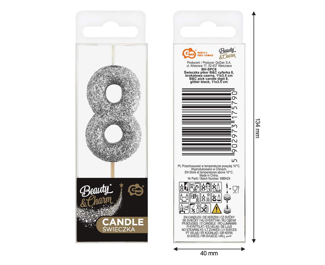 B&C pick candle digit 8, silver bio glitter, total lenght 11,5 cm