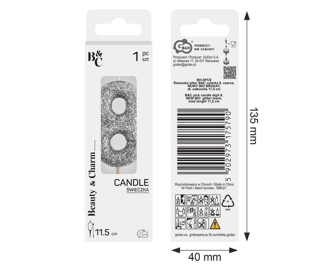 B&C pick candle digit 8, silver bio glitter, total lenght 11,5 cm
