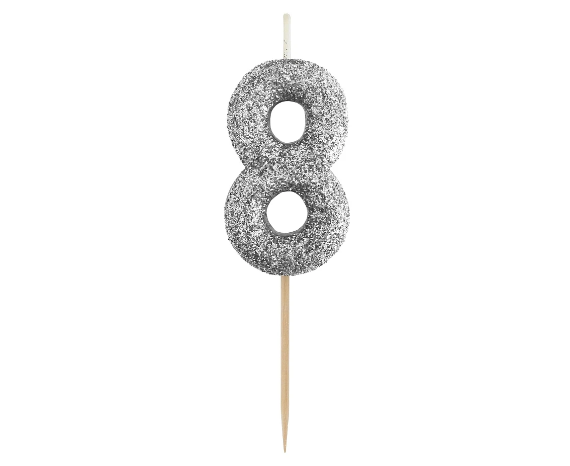 B&C pick candle digit 8, silver bio glitter, total lenght 11,5 cm