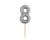 B&C pick candle digit 8, silver bio glitter, total lenght 11,5 cm