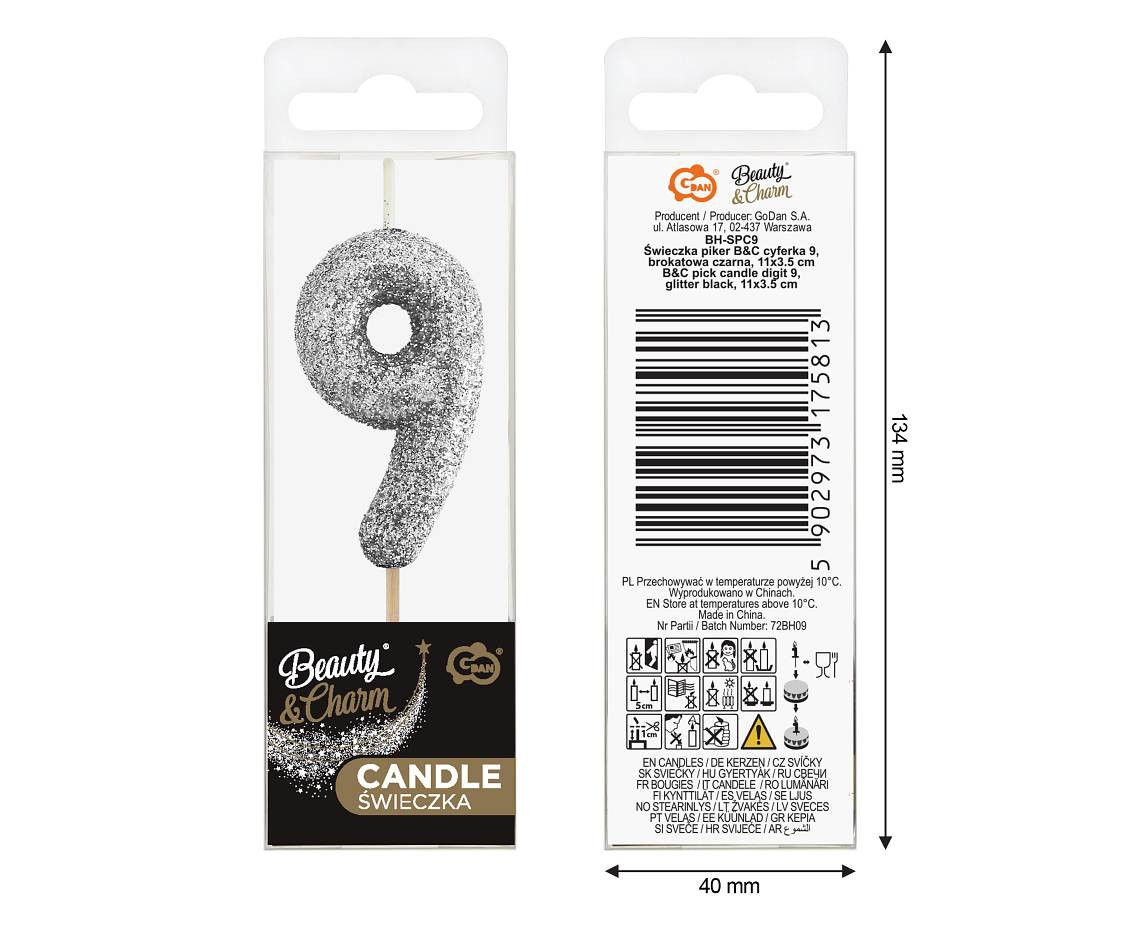 B&C pick candle digit 9, silver bio glitter, total lenght 11,5 cm