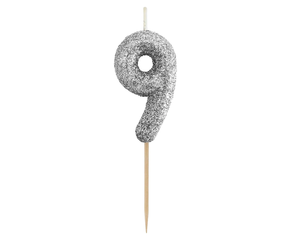 B&C pick candle digit 9, silver bio glitter, total lenght 11,5 cm