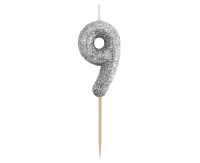 B&C pick candle digit 9, silver bio glitter, total lenght 11,5 cm