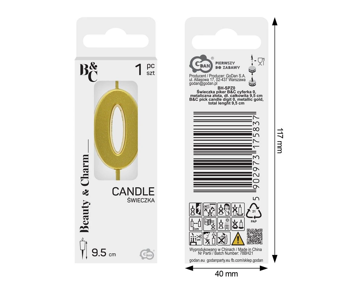B&C pick candle digit 0, metallic gold, total lenght 9,5 cm