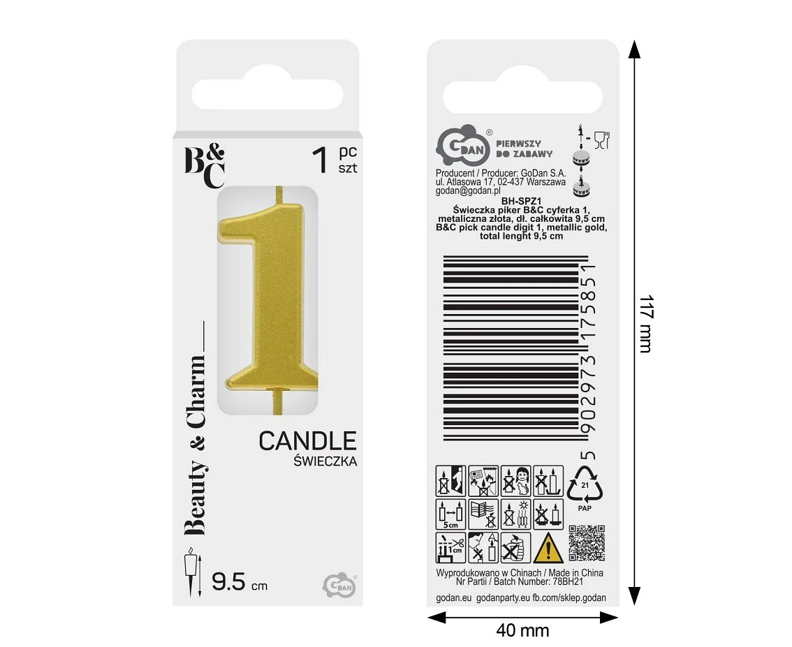 B&C pick candle digit 1, metallic gold,  total lenght 9,5 cm