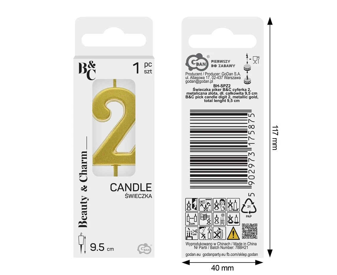 B&C pick candle digit 2, metallic gold,  total lenght 9,5 cm