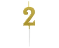 B&C pick candle digit 2, metallic gold,  total lenght 9,5 cm