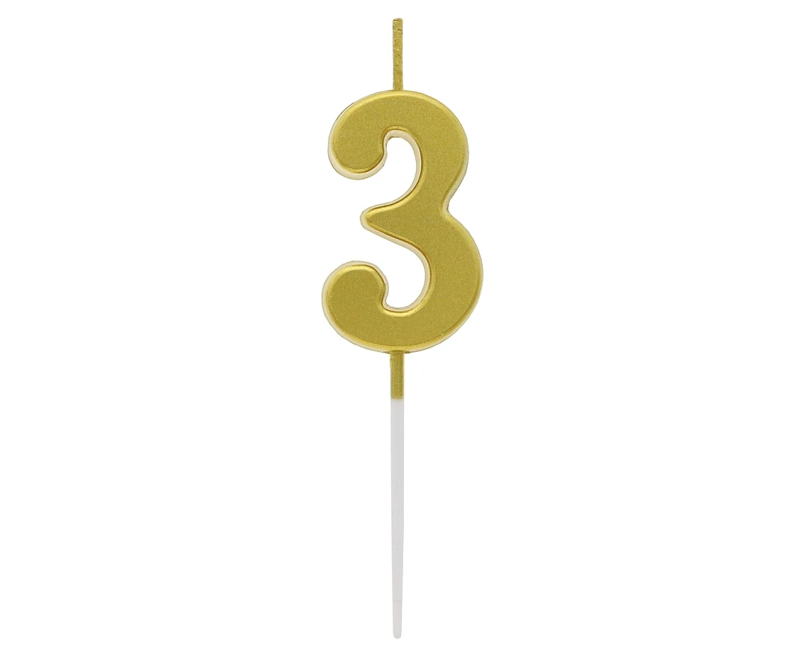 B&C pick candle digit 3, metallic gold,  total lenght 9,5 cm