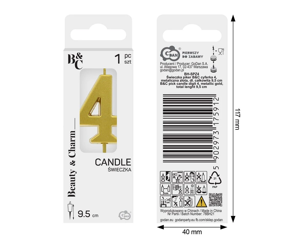 B&C pick candle digit 4, metallic gold,  total lenght 9,5 cm