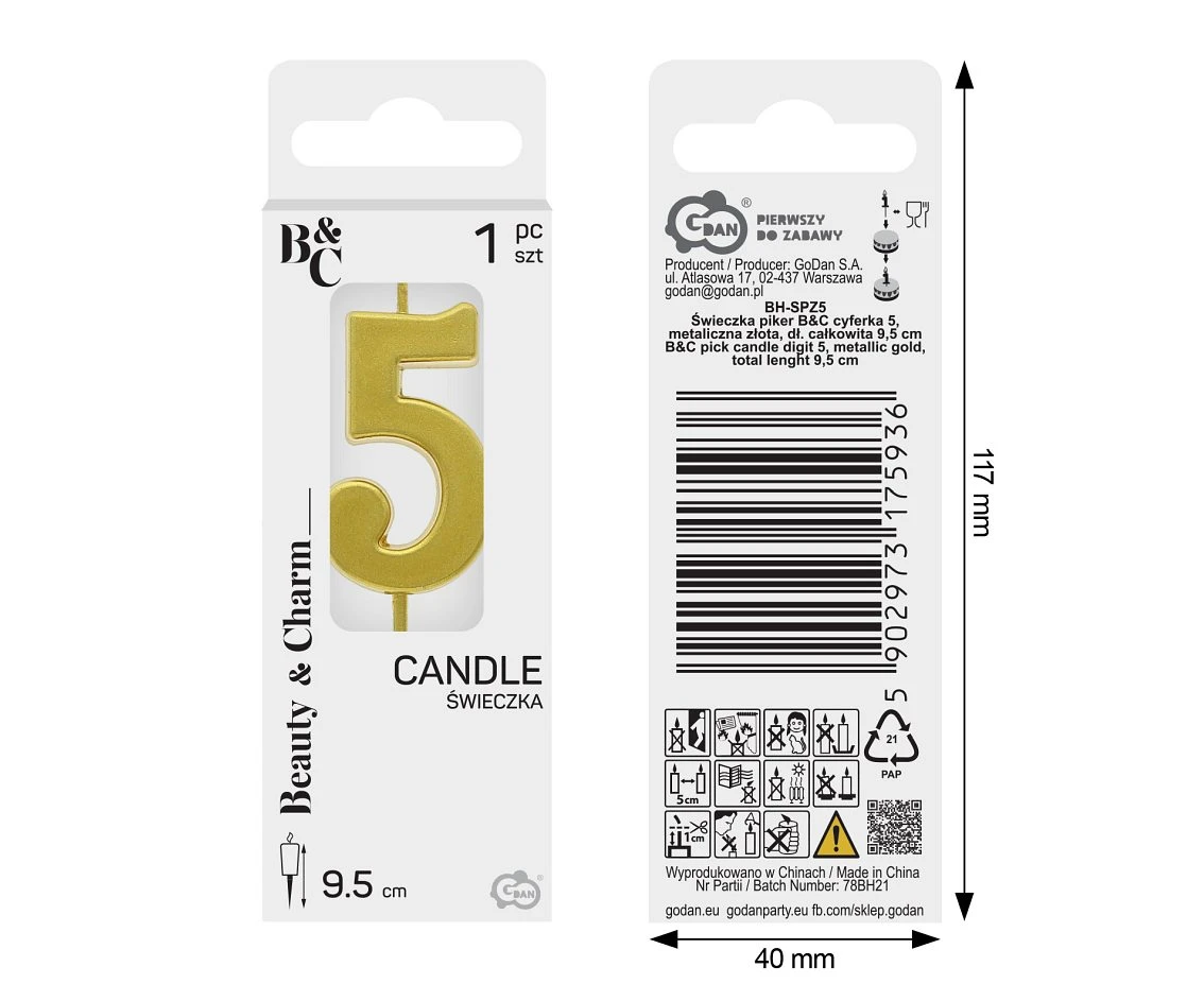 B&C pick candle digit 5, metallic gold,  total lenght 9,5 cm