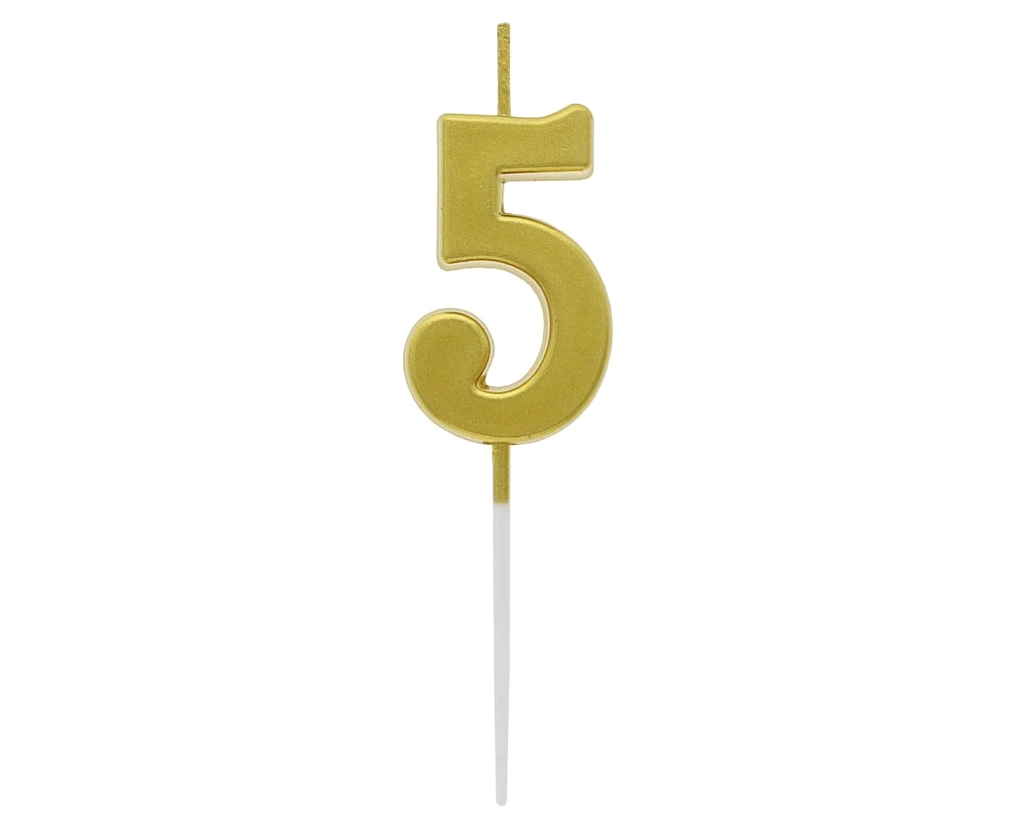 B&C pick candle digit 5, metallic gold,  total lenght 9,5 cm
