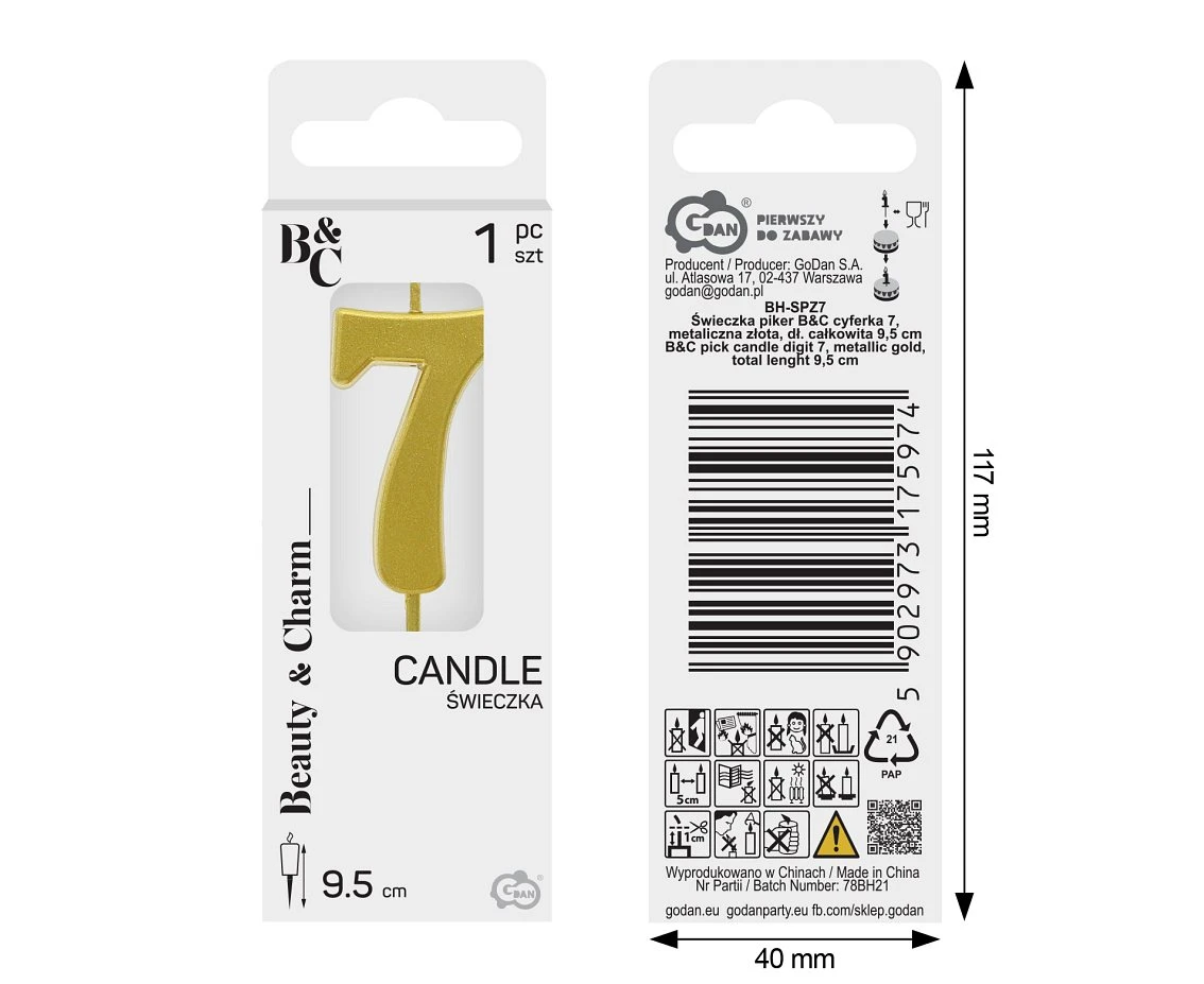 B&C pick candle digit 7, metallic gold, total lenght 9,5 cm