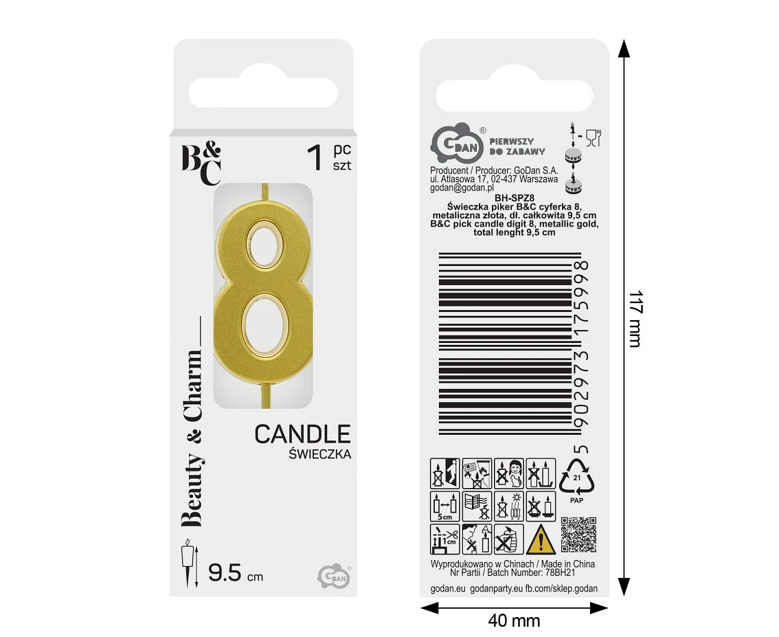 B&C pick candle digit 8, metallic gold, total lenght 9,5 cm