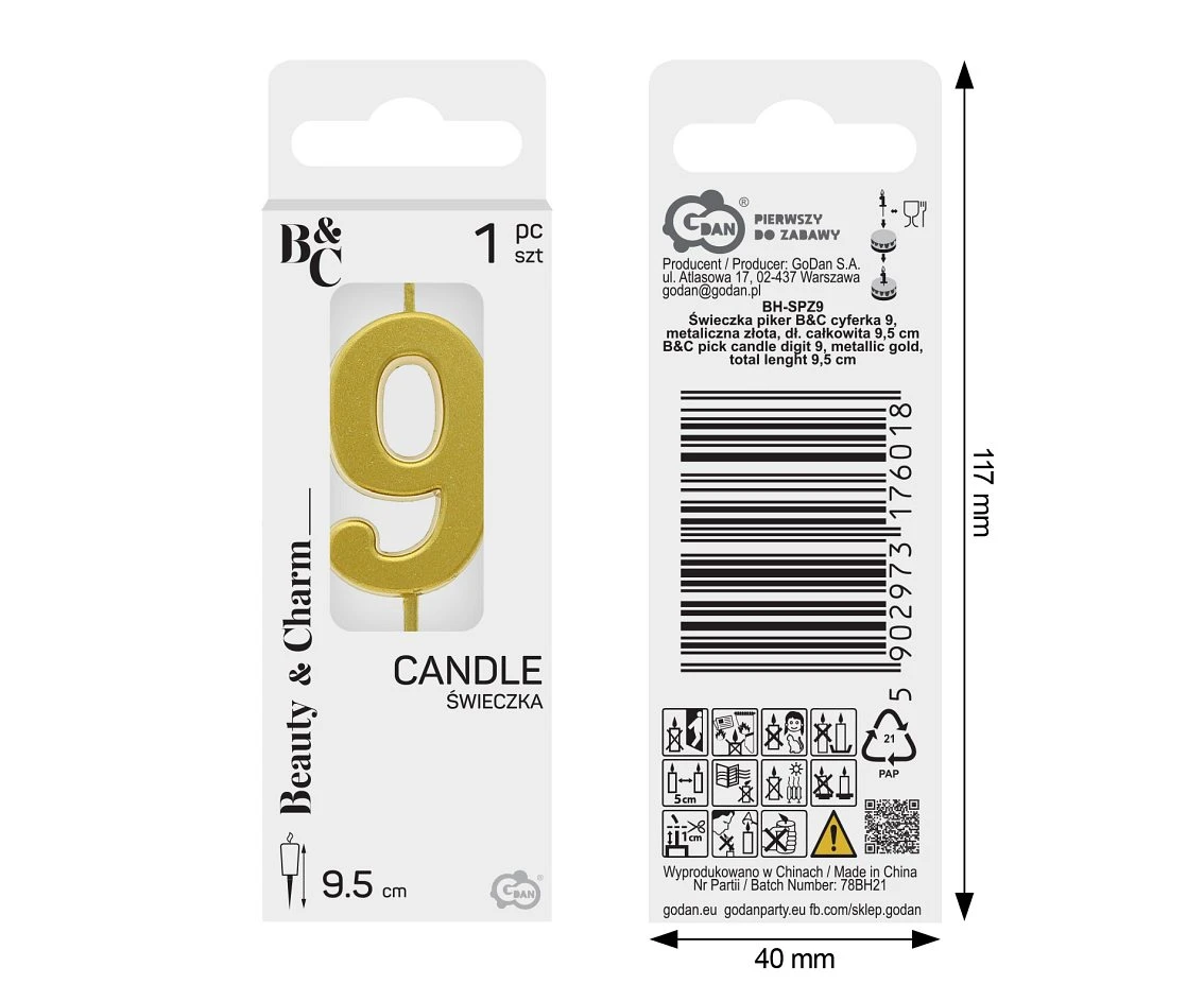 B&C pick candle digit 9, metallic gold,  total lenght 9,5 cm