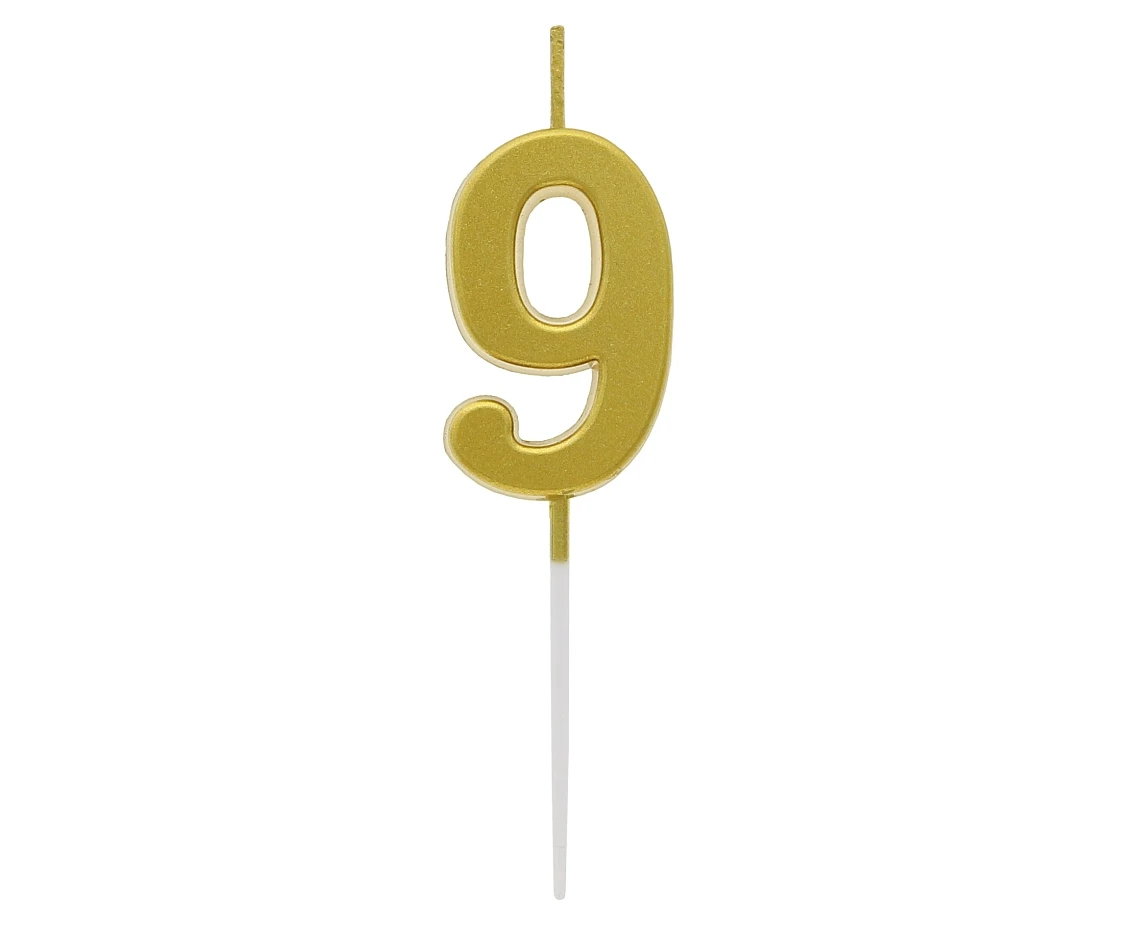 B&C pick candle digit 9, metallic gold,  total lenght 9,5 cm