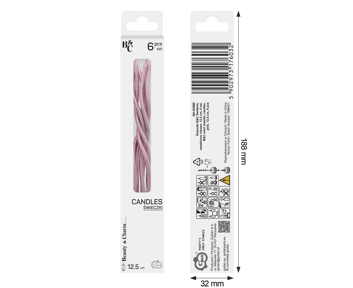 B&C swirl metallic candles,pink, 12,5 cm, 6 pcs