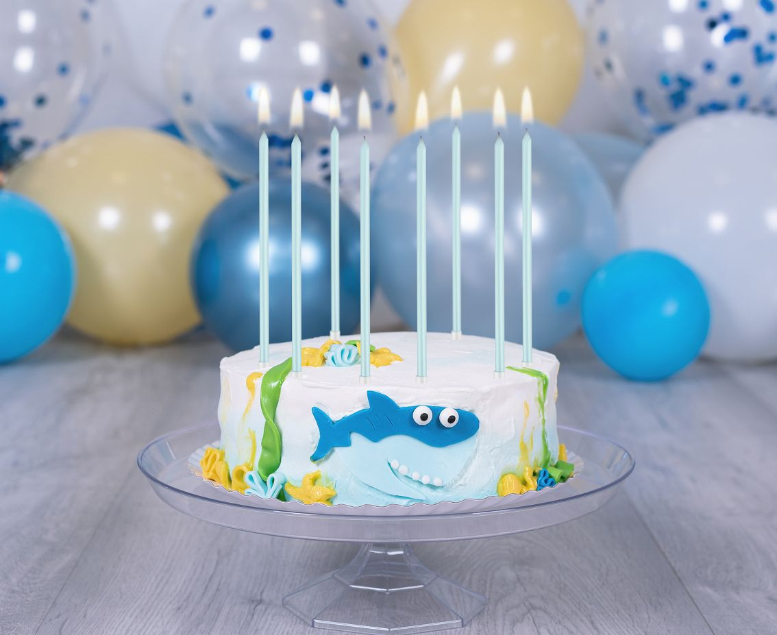Pearly light blue candles, 15 cm, 8 pcs