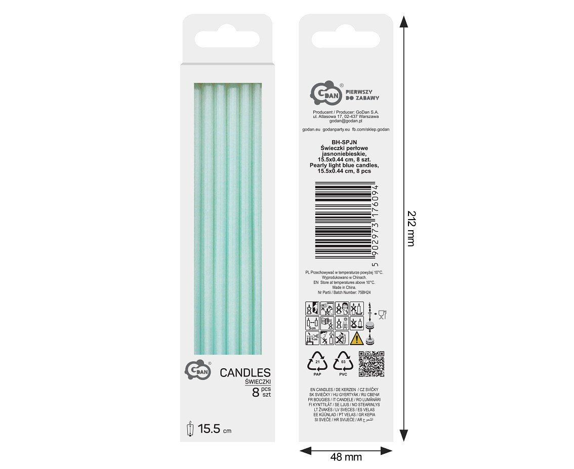 Pearly light blue candles, 15 cm, 8 pcs