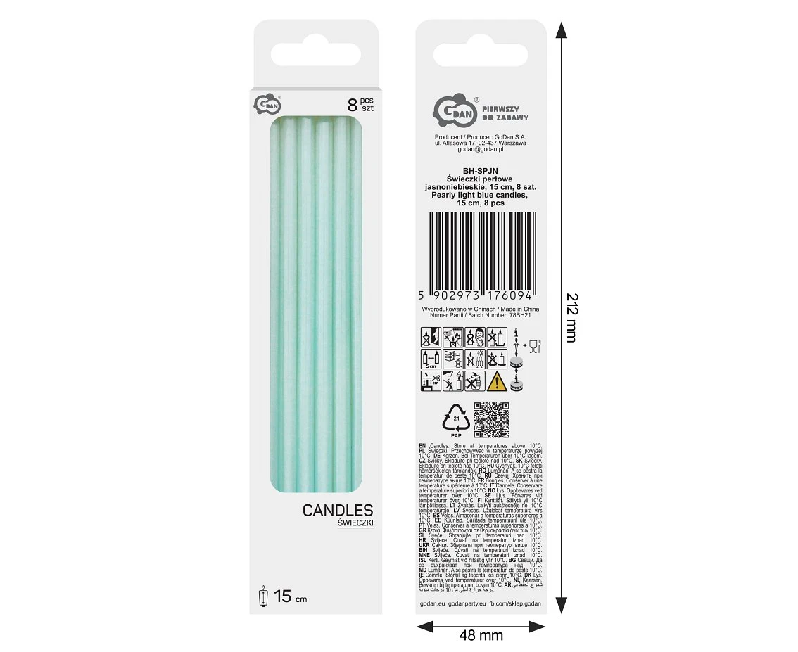 Pearly light blue candles, 15 cm, 8 pcs