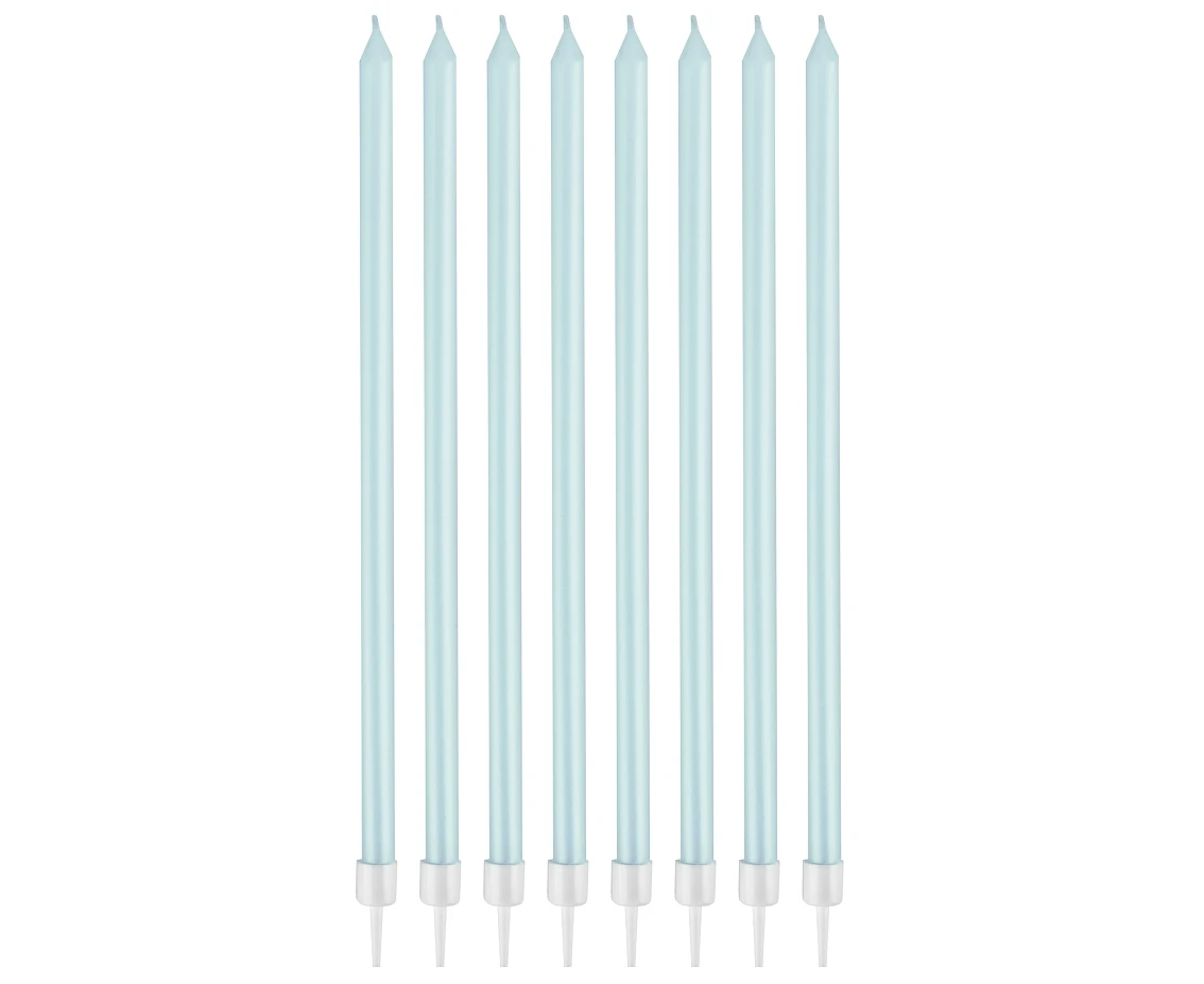 Pearly light blue candles, 15 cm, 8 pcs