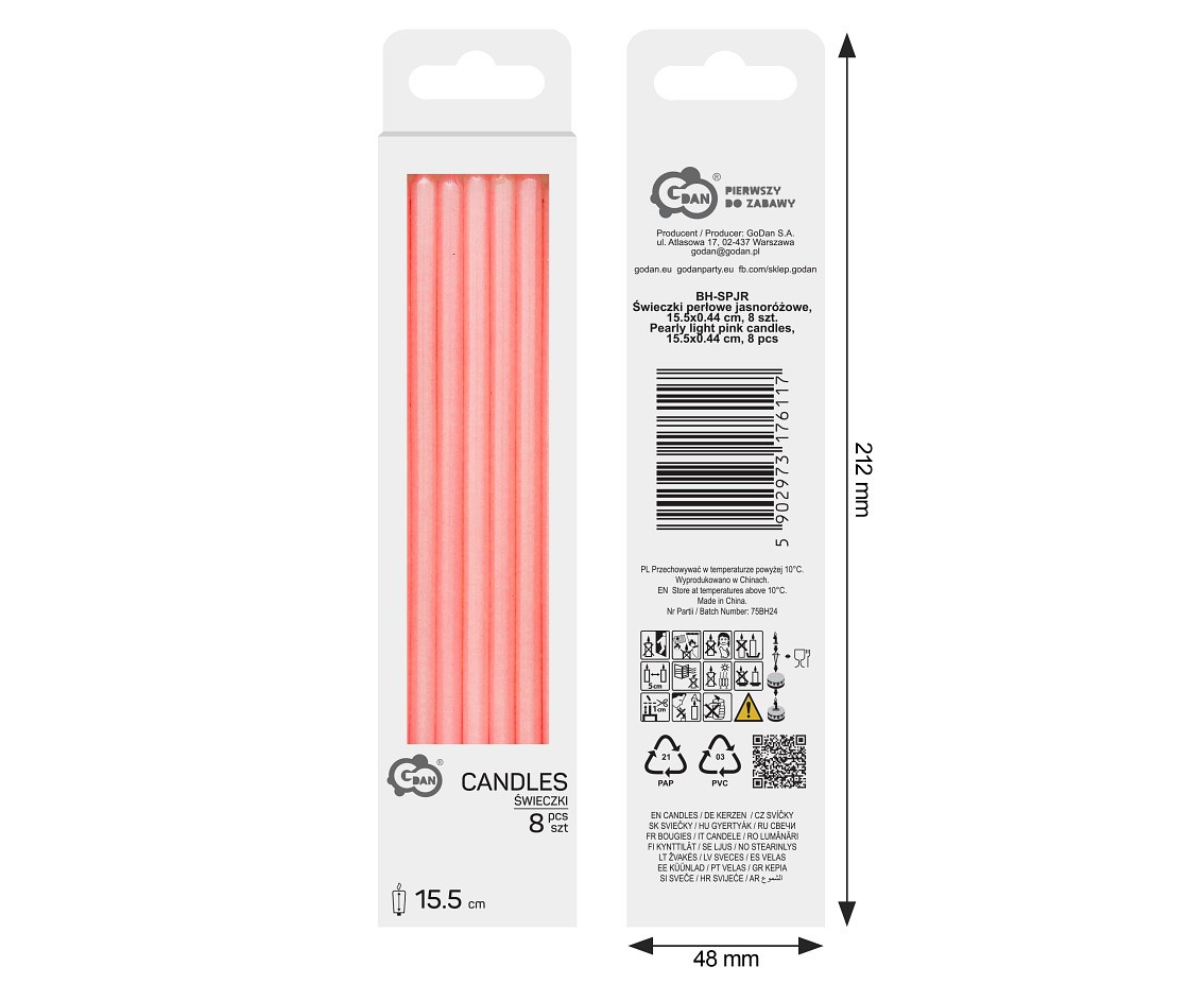 Pearly light pink candles, 15 cm, 8 pcs