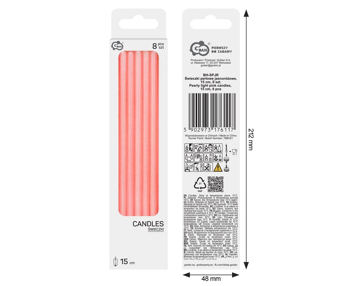 Pearly light pink candles, 15 cm, 8 pcs