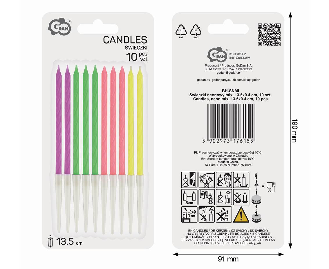 Candles, neon mix, 9,5 cm, 10 pcs