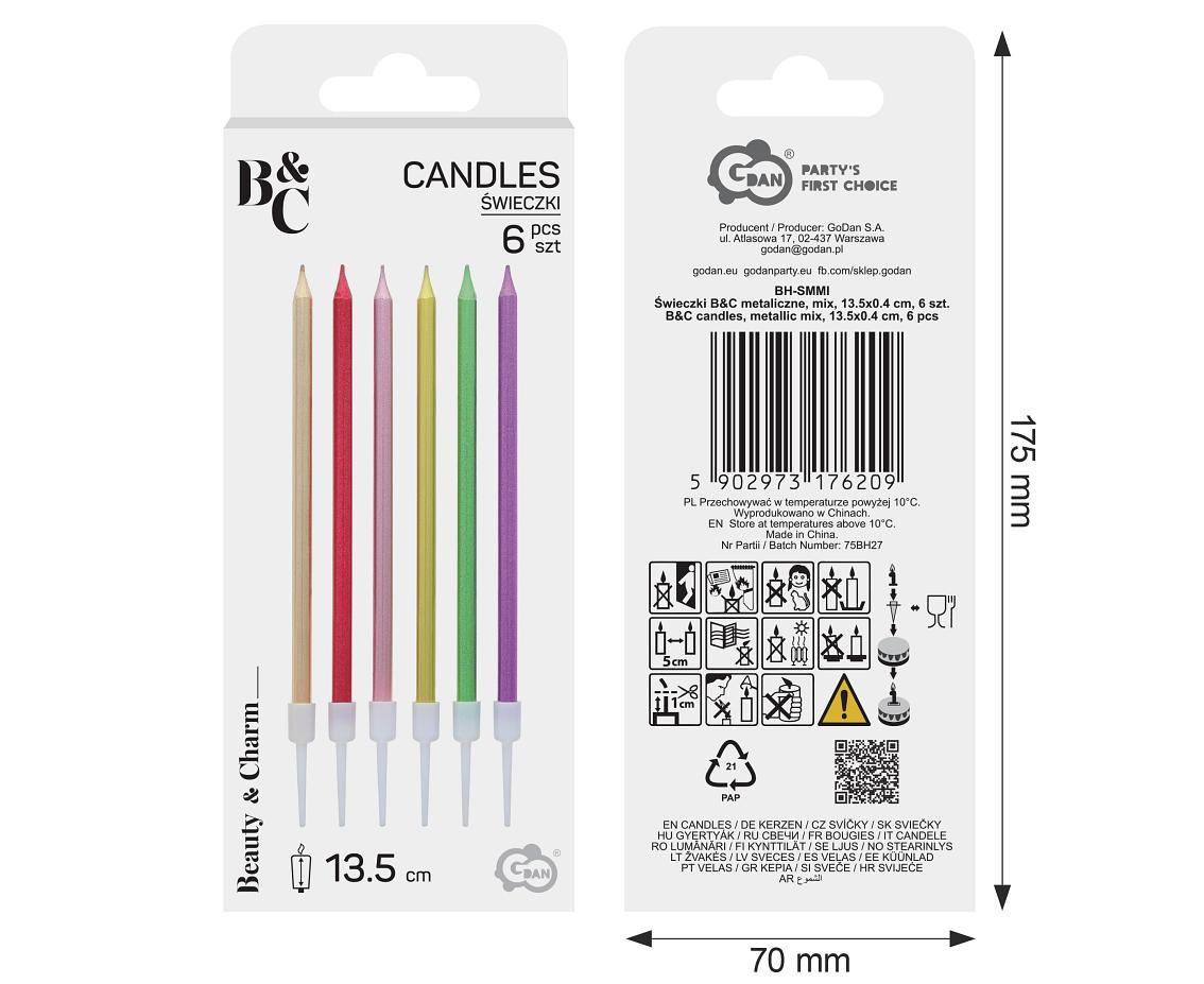 B&C candles, metallic mix, 11 cm, 6 pcs