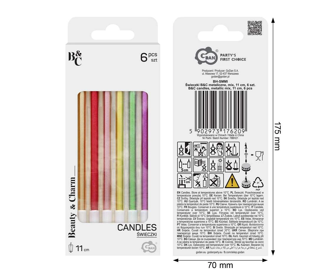 B&C candles, metallic mix, 11 cm, 6 pcs