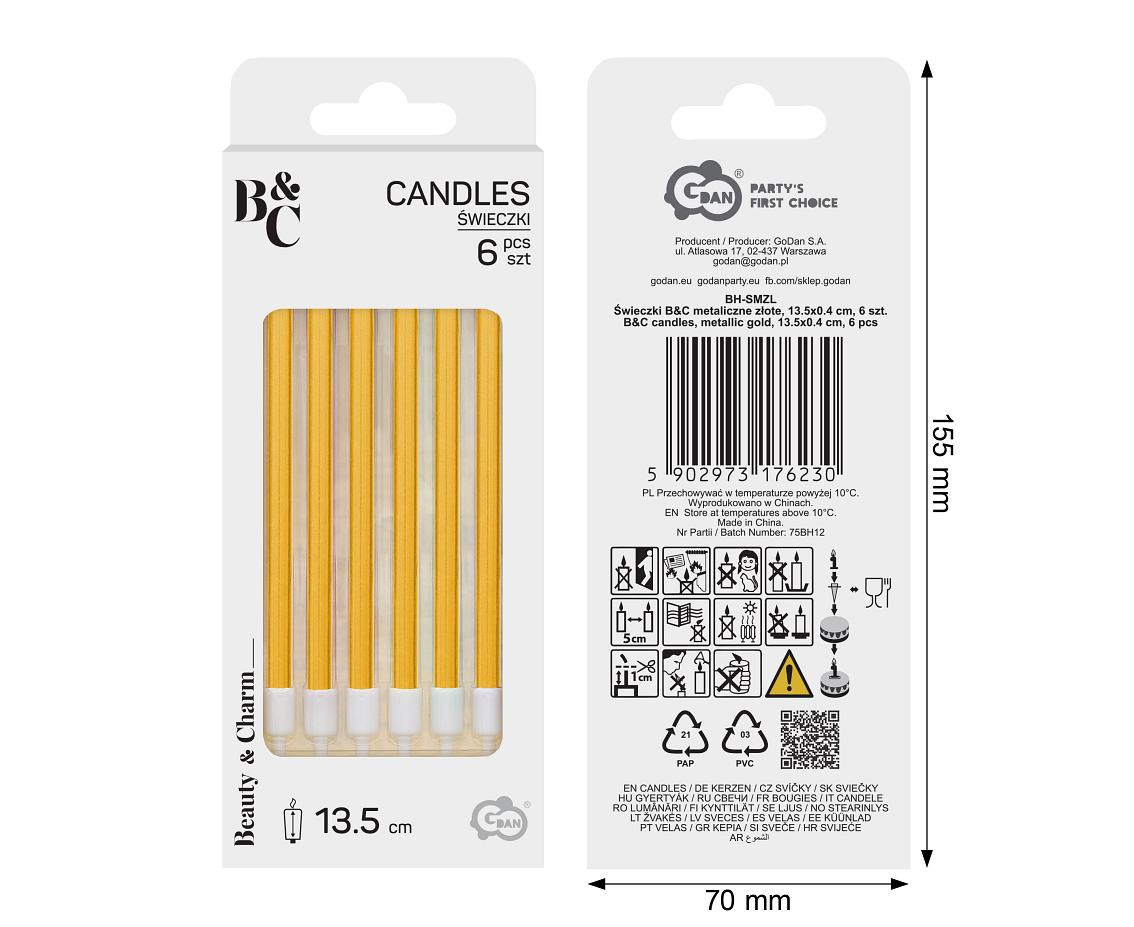 B&C candles, metallic gold, 11 cm, 6 pcs