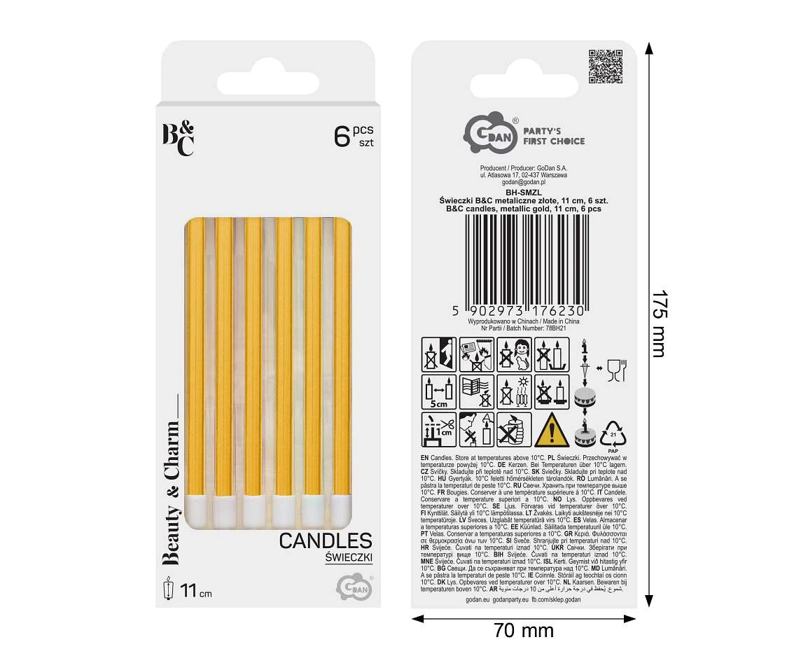 B&C candles, metallic gold, 11 cm, 6 pcs