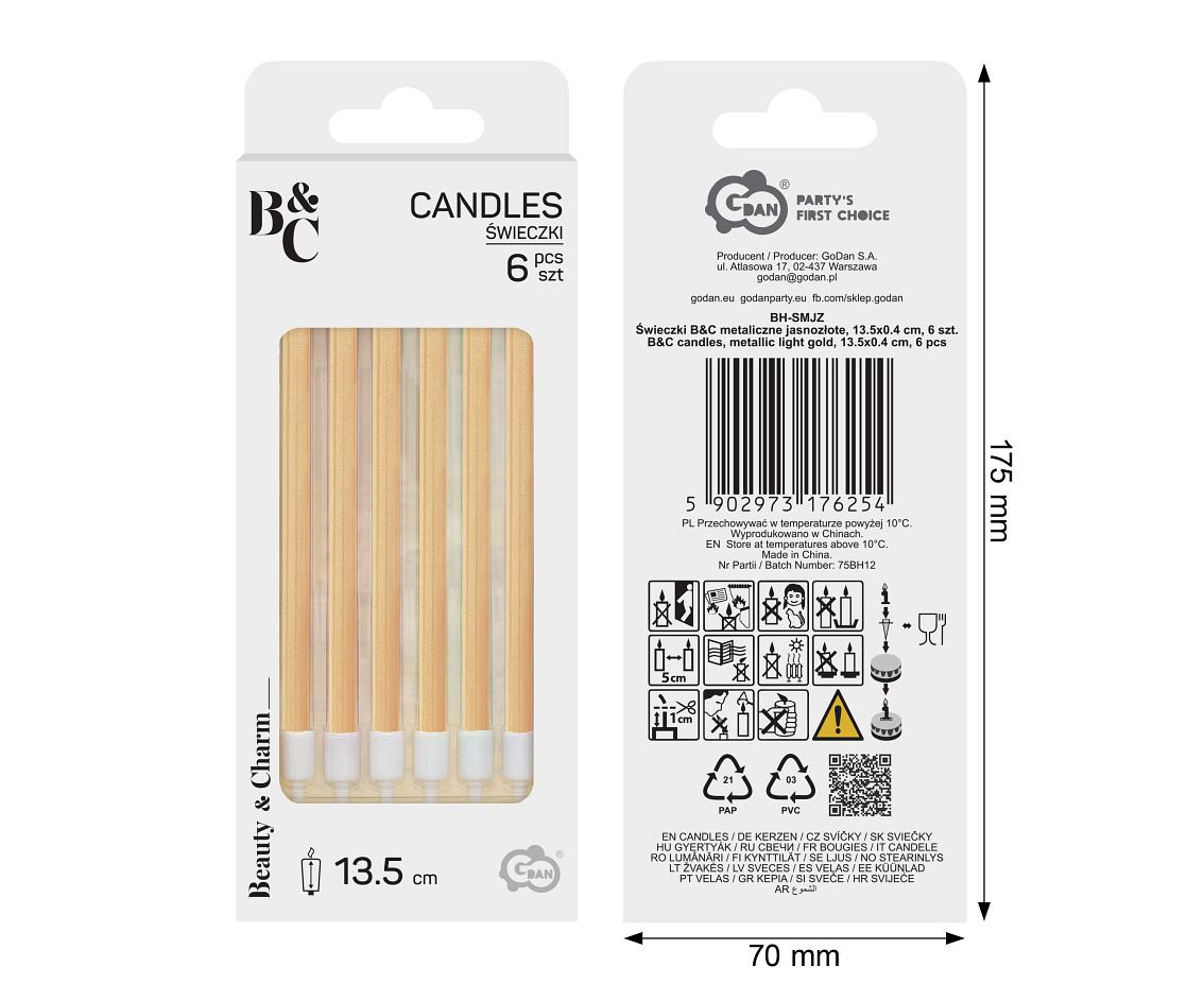 B&C candles, metallic light gold, 11 cm, 6 pcs