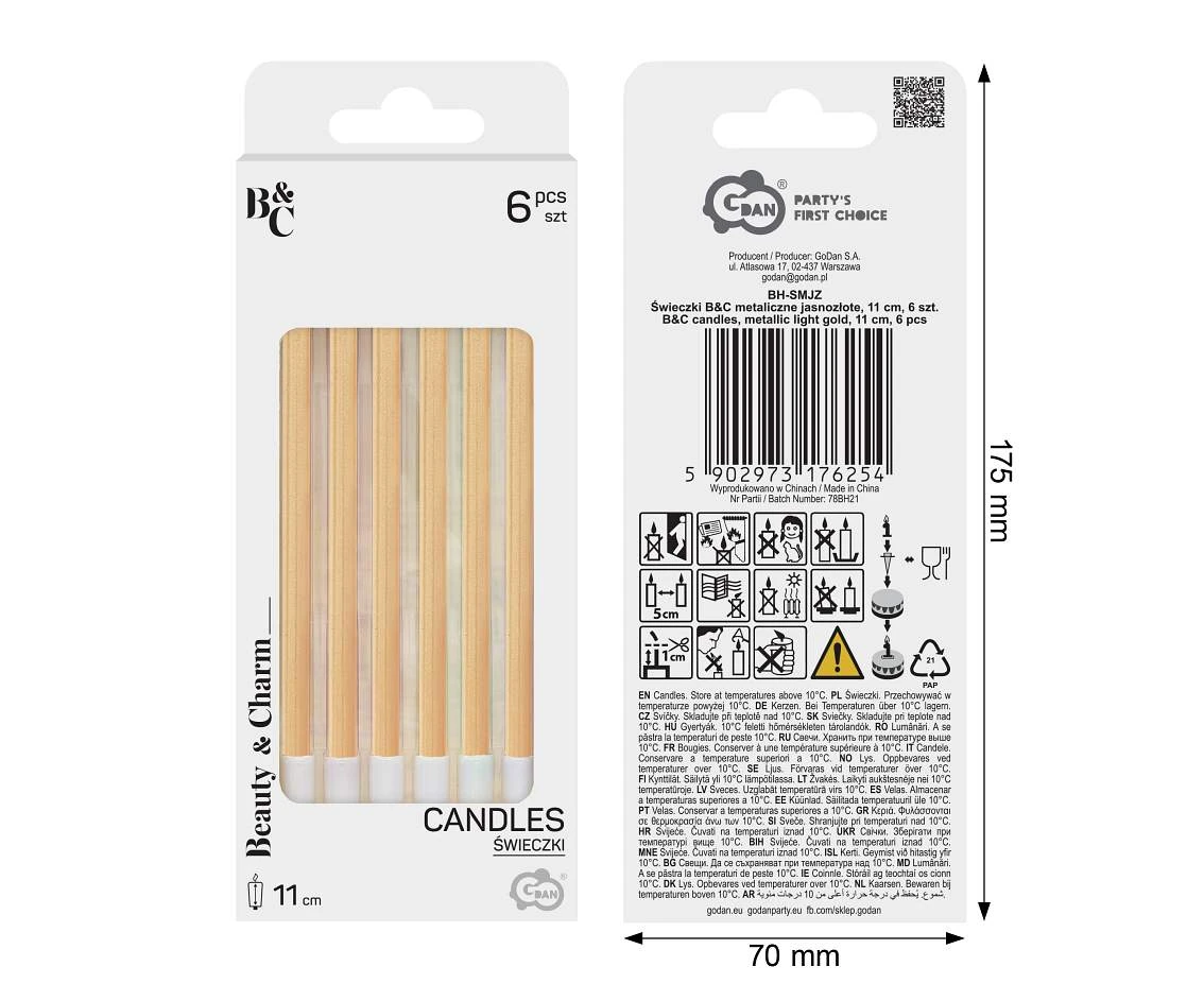 B&C candles, metallic light gold, 11 cm, 6 pcs