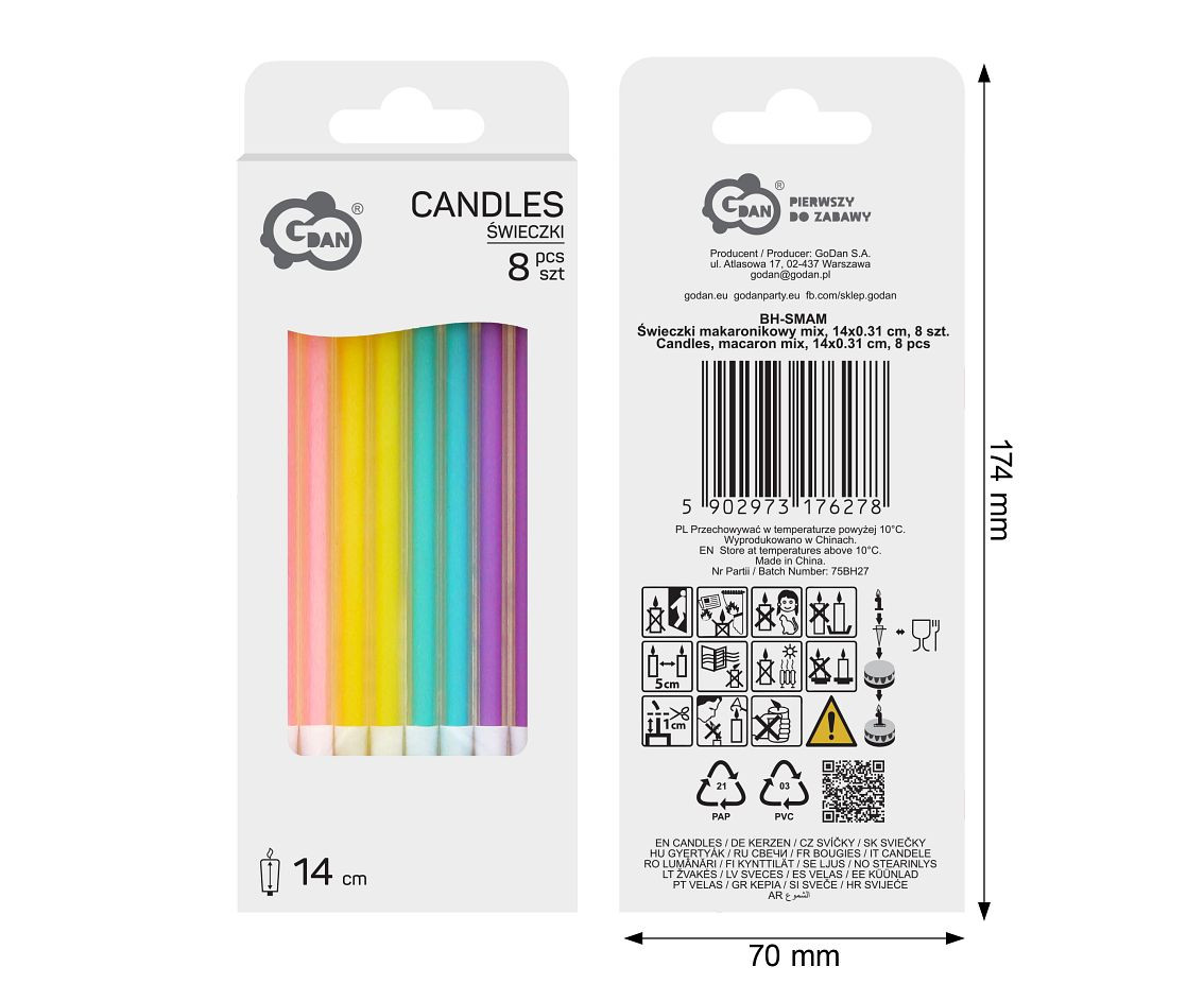 Candles, macaron mix, 14x0.31 cm, 8 pcs