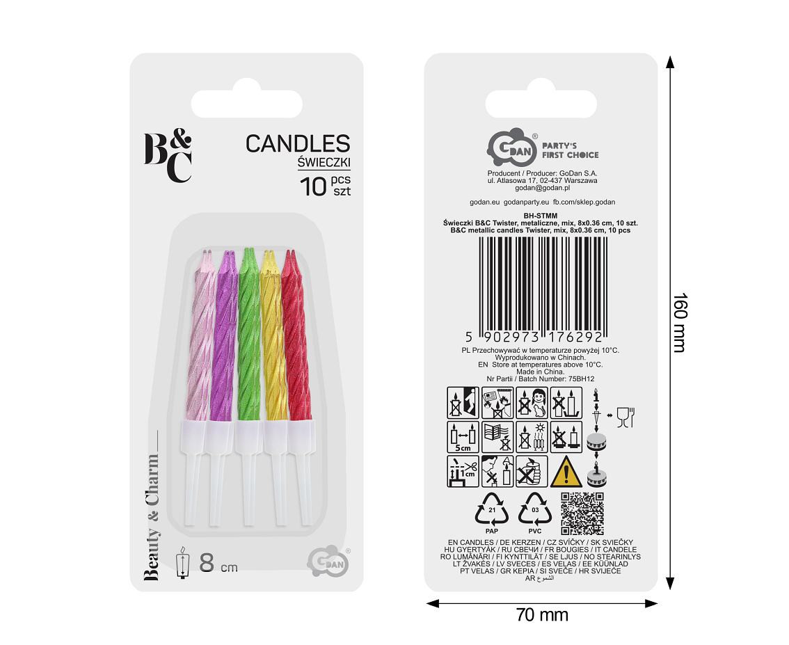 B&C metallic candles Twister, mix, 6 cm, 10 pcs